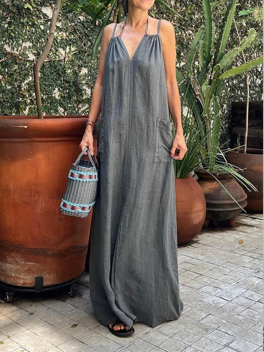 Vestido largo de mujer con bolsillo y escote en V