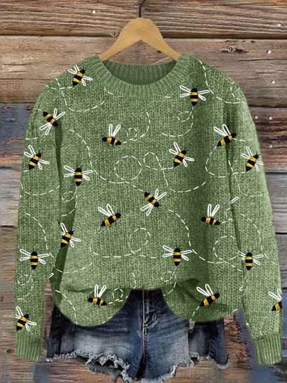 Acogedor jersey de punto con motivo de abeja voladora bordada