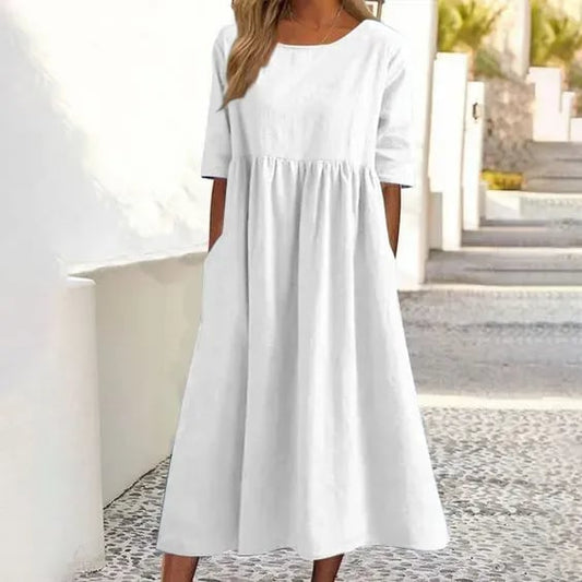 Vestido midi casual de mujer con cuello redondo y bolsillos funcionales
