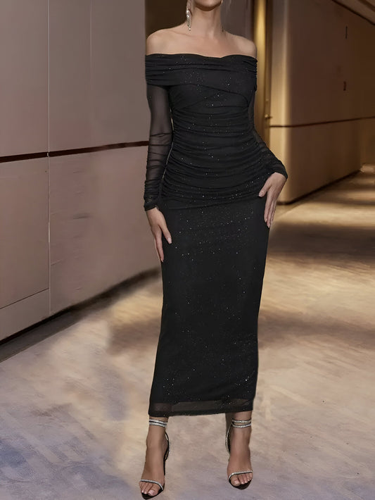 Derya | Shimmering cross-pleated off-shoulder cocktail dress