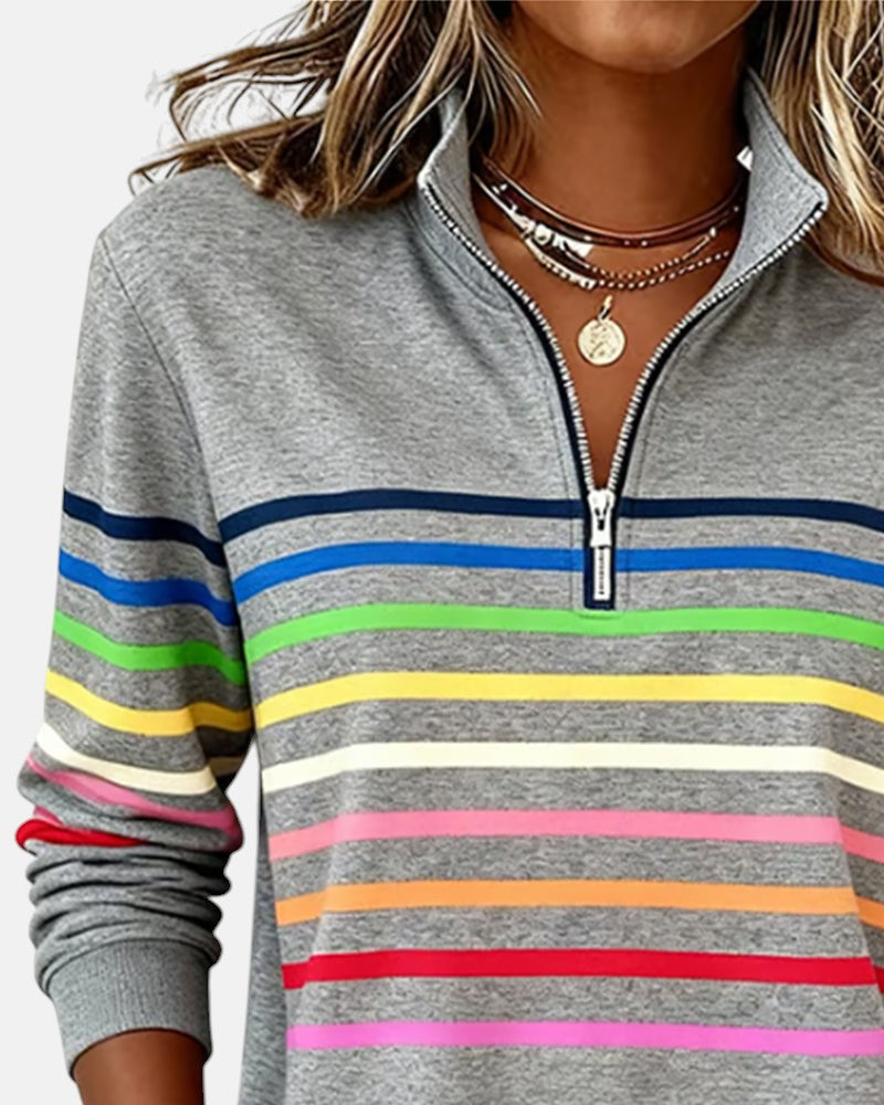Damska Bluza Pullover W Paski Z Zamkiem Pod Szyją