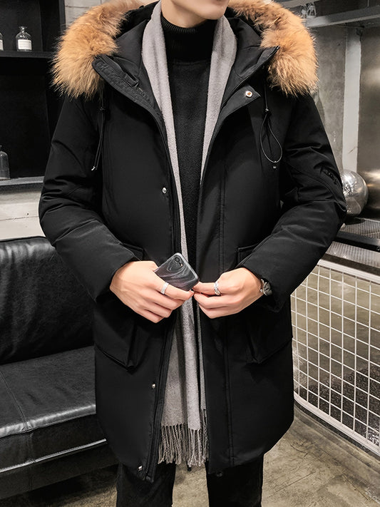 Chaqueta casual de invierno de largo medio con capucha y cuello de piel sintética para hombre | Ideal para otoño/invierno