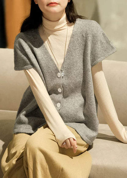 Chaleco Abotonado Beige Cuello V | Manga Corta
