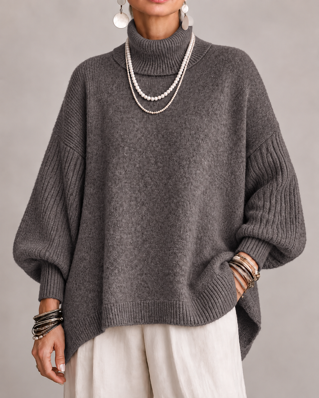 Damski Sweter Oversize Golf Rękaw Nietoperz Pulower