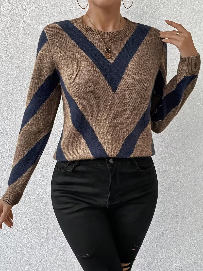 Sweter Damski ze Wzorem Chevron i Długim Rękawem