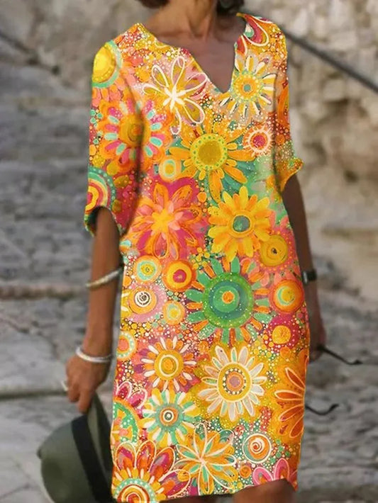 Vestido midi floral con escote en V y elegancia atemporal