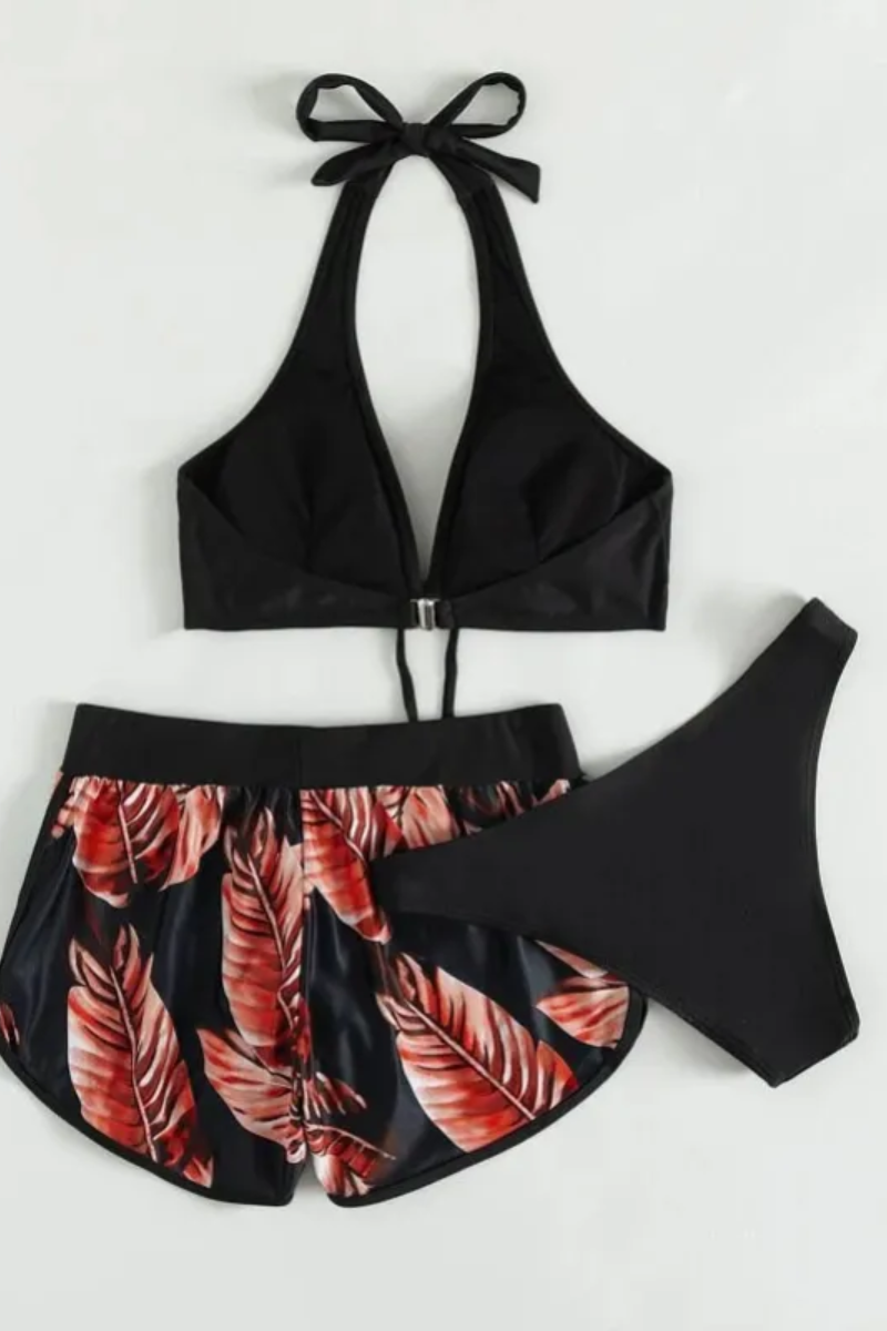 Ava | Conjunto de bikini de 3 piezas con estampado de hojas para mujer