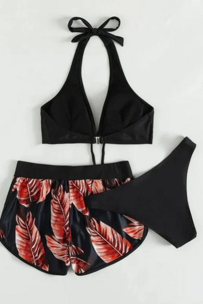 Ava | Conjunto de bikini de 3 piezas con estampado de hojas para mujer