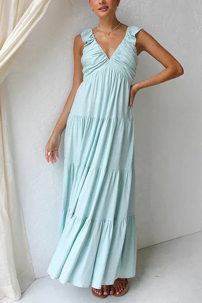 maxi vestido sin mangas con escote en V y volantes