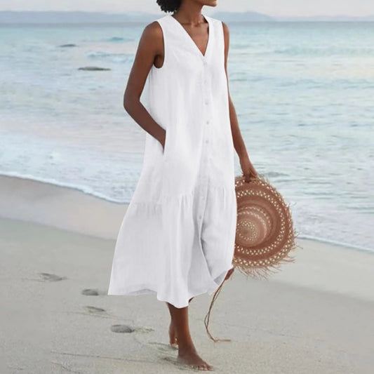 vestido de lino con cuello en V