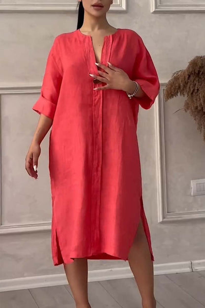 vestido casual de algodón y lino con cierre de botón