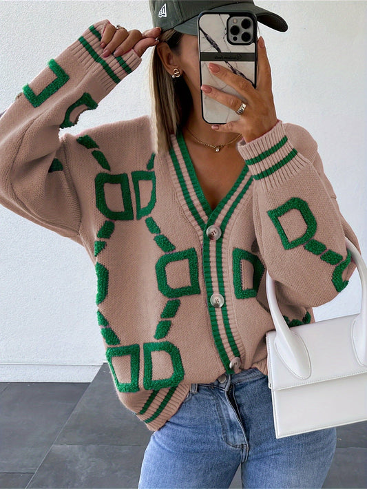 Cárdigan de punto con bloques de color | Cuello en V Cárdigan con botones | Casual | Otoño e Invierno, Suéter de Mujer