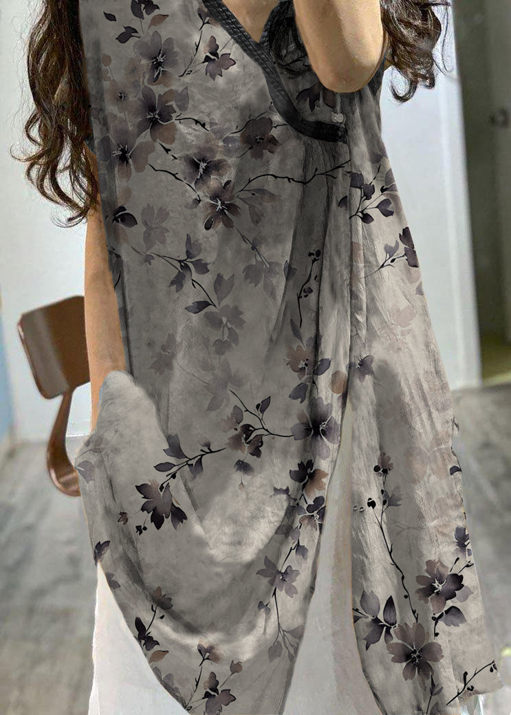 Blissia - Vestido holgado de lino con escote corazón y estampado