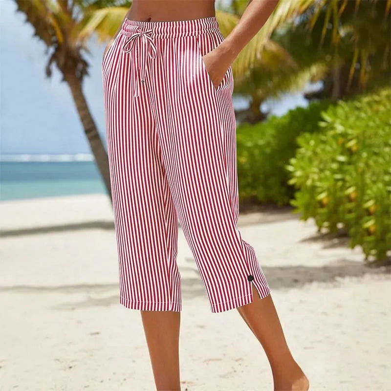 Damskie Spodnie Capri w Paski z Wiązaniem