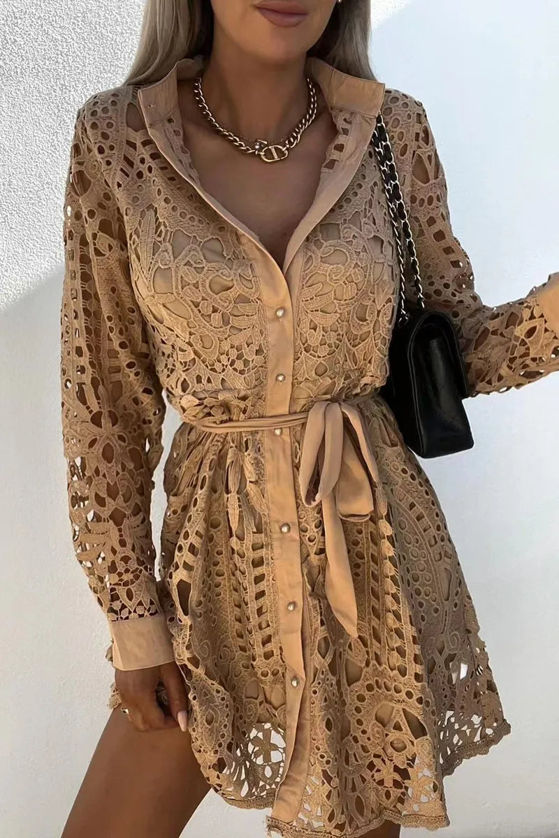 Mujeres vestido de fiesta con cuello en V mangas largas de encaje Festival Outfits