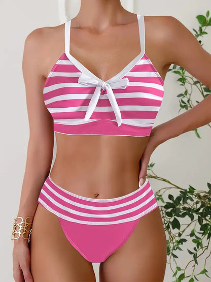 Sexy bikini con cuello en V y estampado de rayas