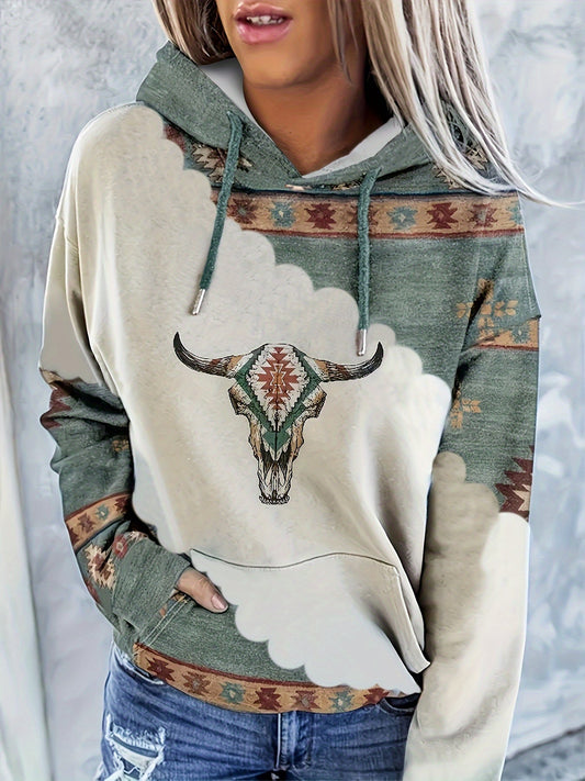 Elisa | Sudadera informal con capucha, estampado geométrico azteca y cordón de ajuste - Ideal para otoño/invierno
