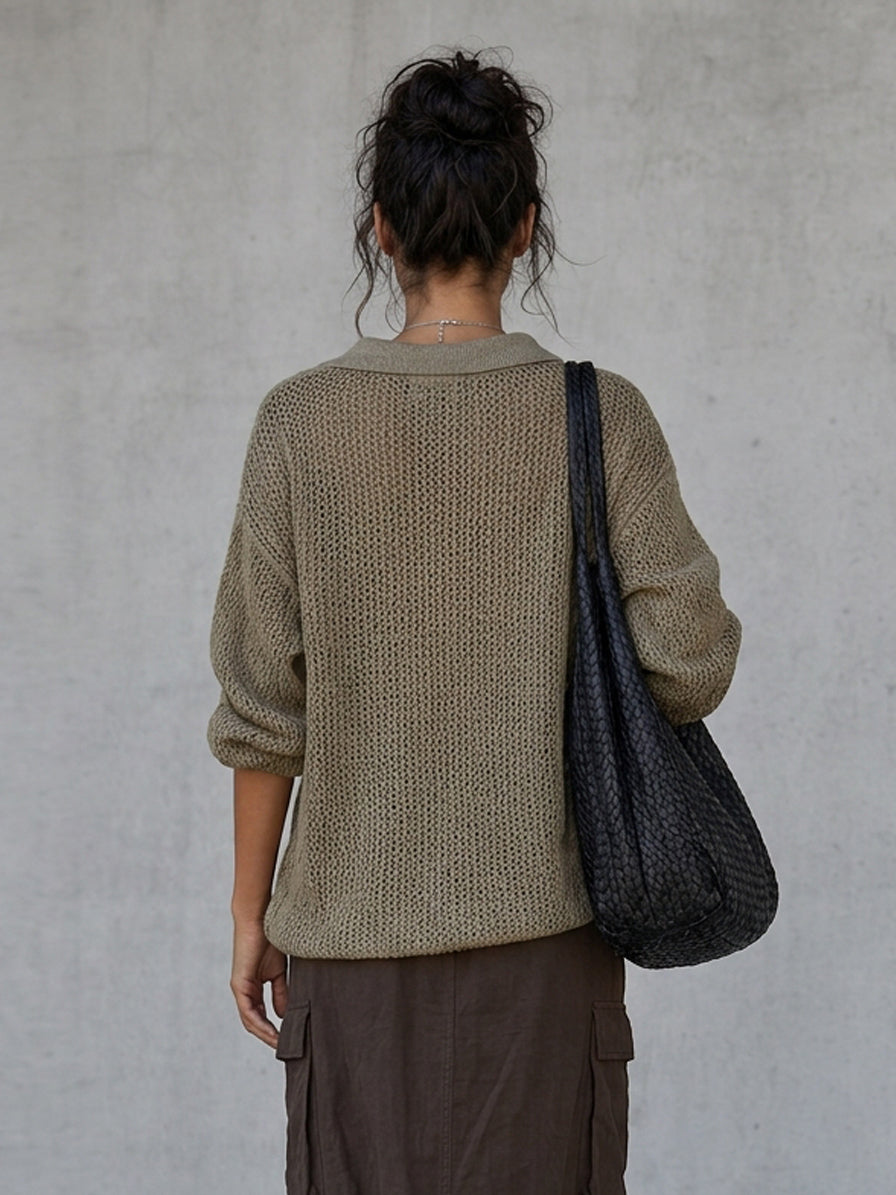 Damski Sweter Oversize Półzamek Kołnierzyk Polo Pulower
