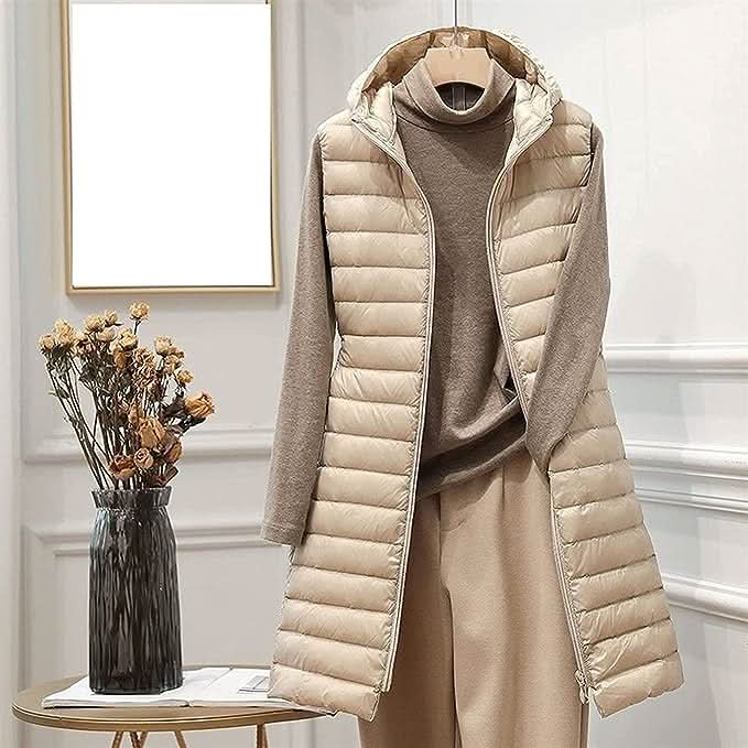 Elegante chaleco de plumón con capucha y corte largo para mujer