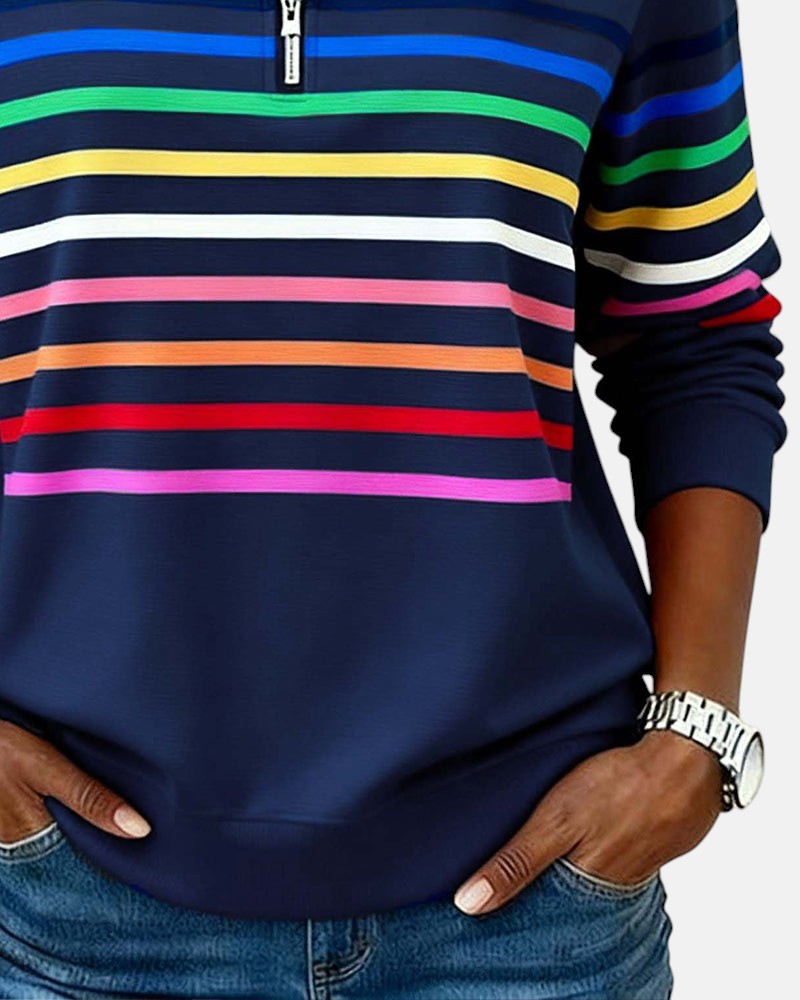 Damska Bluza Pullover W Paski Z Zamkiem Pod Szyją