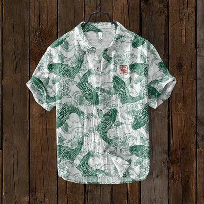 Ludo | Camisa de lino vintage con arte de peces