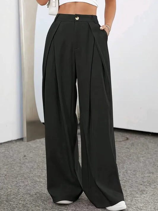 Pantalones lisos plisados de banda con cintura alta para mujer