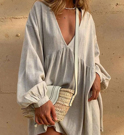 Vestido casual con cuello en V y mangas farol plisadas