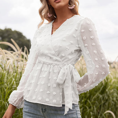 Anita Blusa de Primavera de Encaje Jacquard con Cuello en V para Mujer
