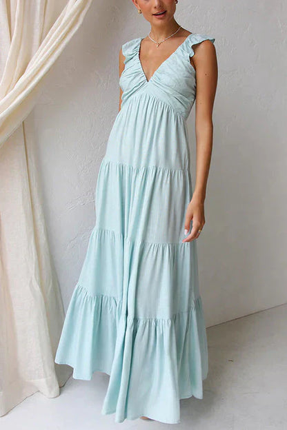 Margovil maxi vestido de lino sin mangas con cuello en V y volantes