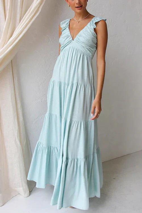 Margovil maxi vestido de lino sin mangas con cuello en V y volantes