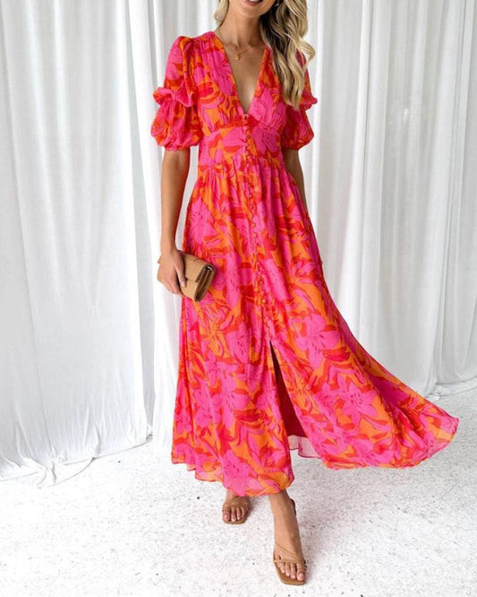 Vestido largo de estilo vintage con botones y mangas cortas abullonadas