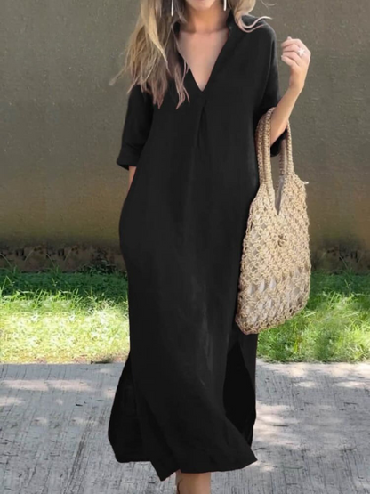Elegante maxi vestido con escote en V y silueta holgada