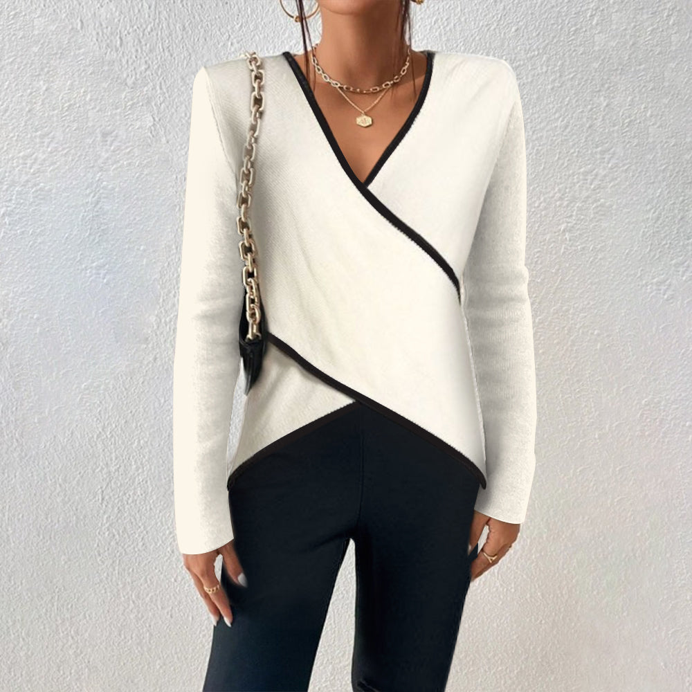 Damski Elegancki Sweter Kopertowy z Kontrastową Lamówką