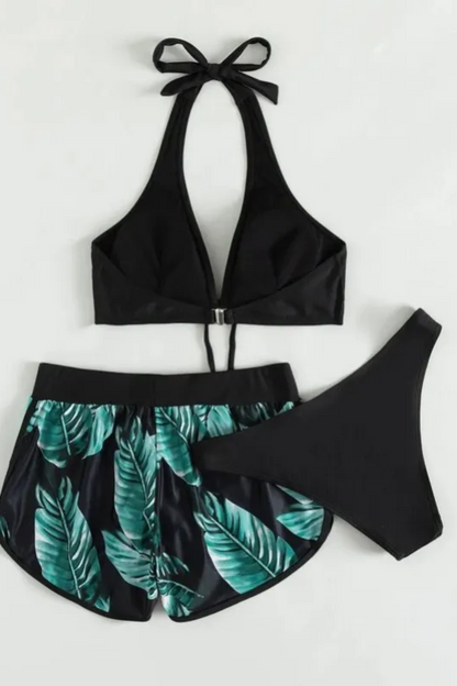 Ava | Conjunto de bikini de 3 piezas con estampado de hojas para mujer