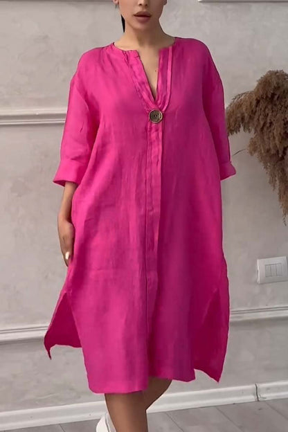 vestido casual de algodón y lino con cierre de botón