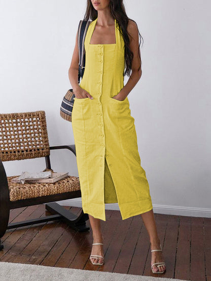 Vestido midi de algodón y lino con cuello halter abotonado y espalda abierta