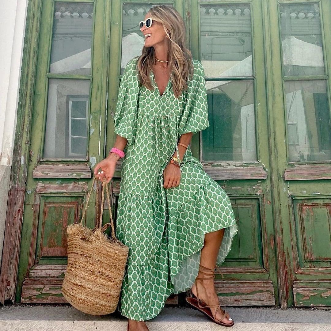Vestido largo bohemio con cuello en V de estampado vintage y manga corta suelta