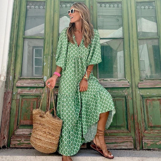 Vestido largo bohemio con cuello en V de estampado vintage y manga corta suelta