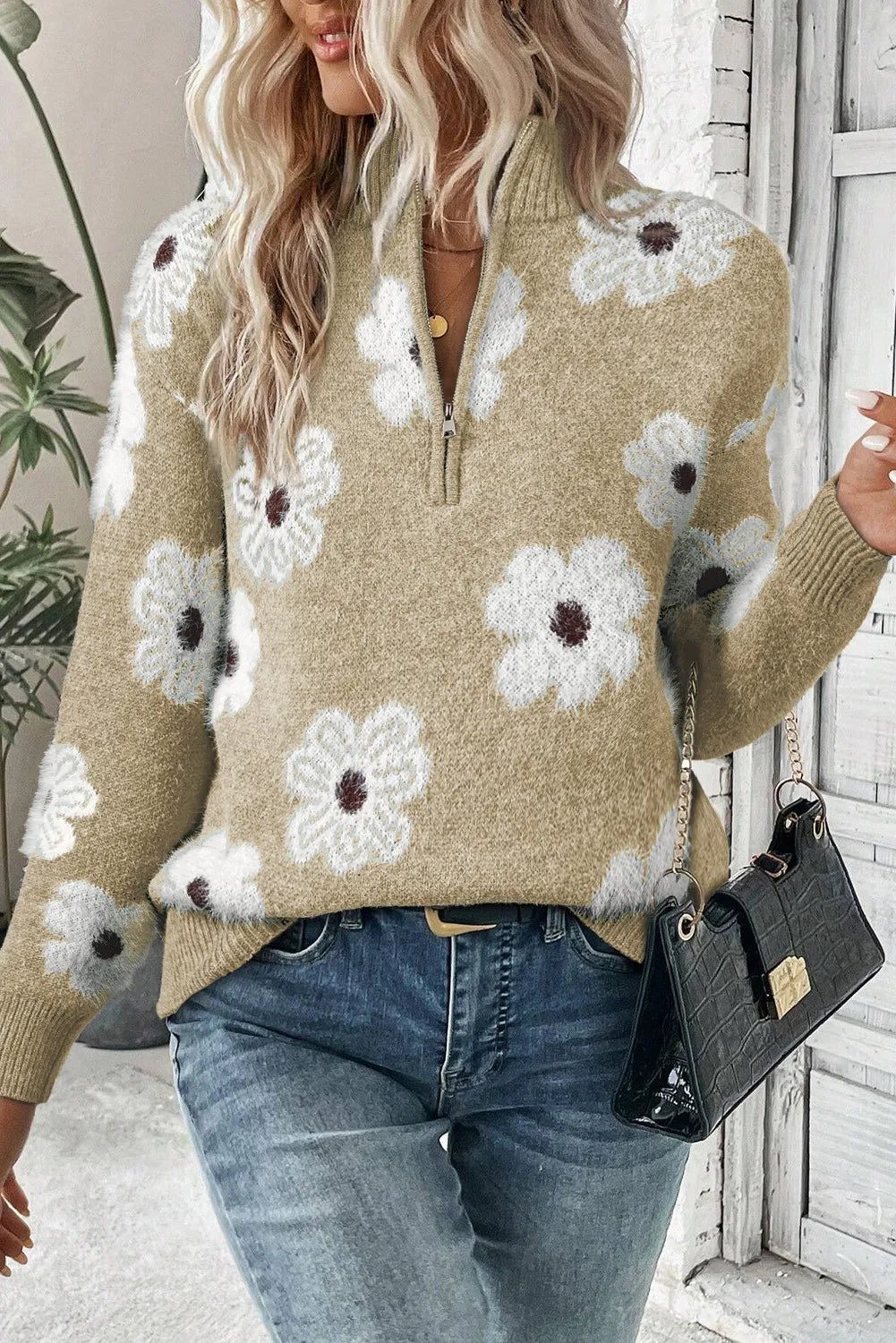 Alison - jersey de punto con media cremallera y estampado floral