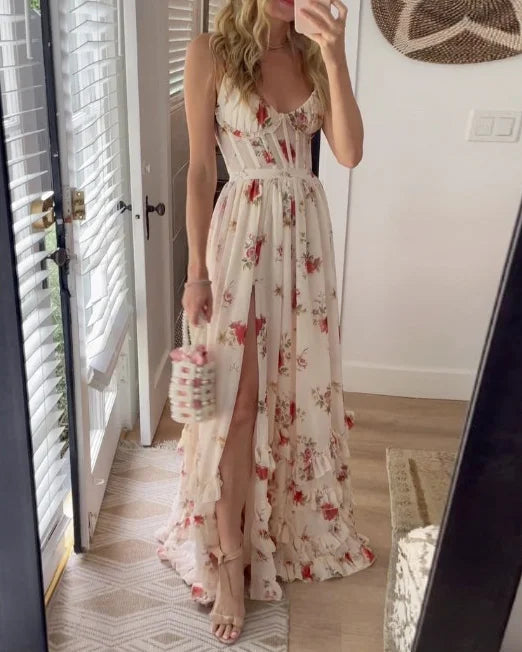 Vestido floral largo con favorecedor escote