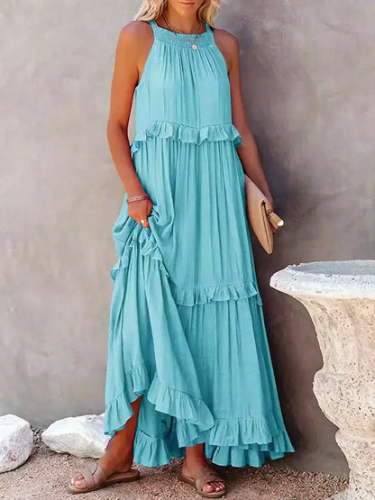 maxi vestido halter con volantes