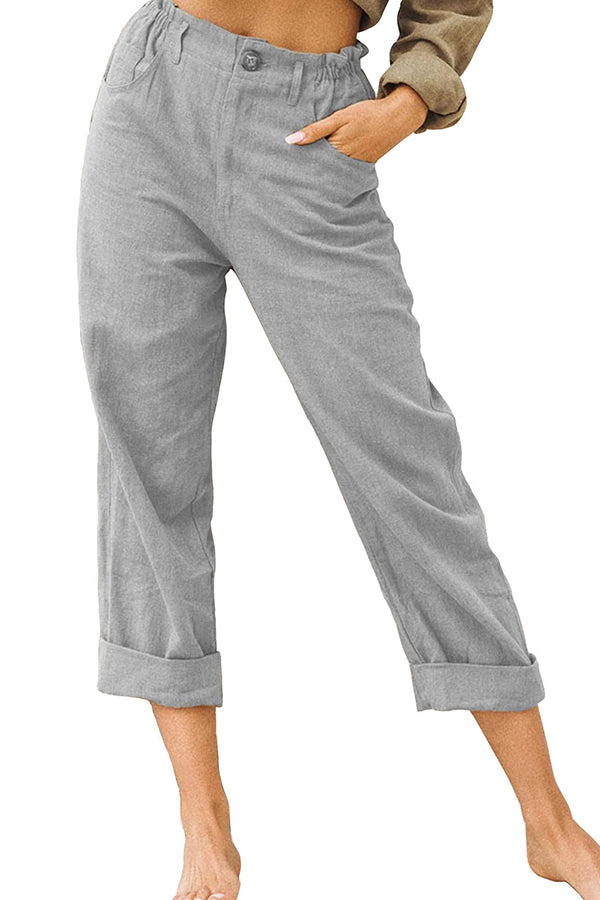 pantalones de algodón y lino de cintura alta de moda sueltos