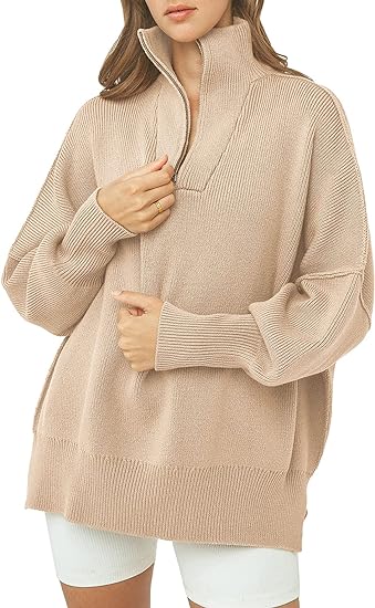 Jersey de cuello alto con cremallera, escote en V y mangas largas