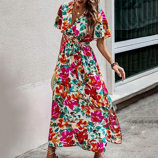 Clara - Vestido con cinturón en estampado tropical y cintura alta