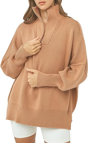 Jersey de cuello alto con cremallera, escote en V y mangas largas