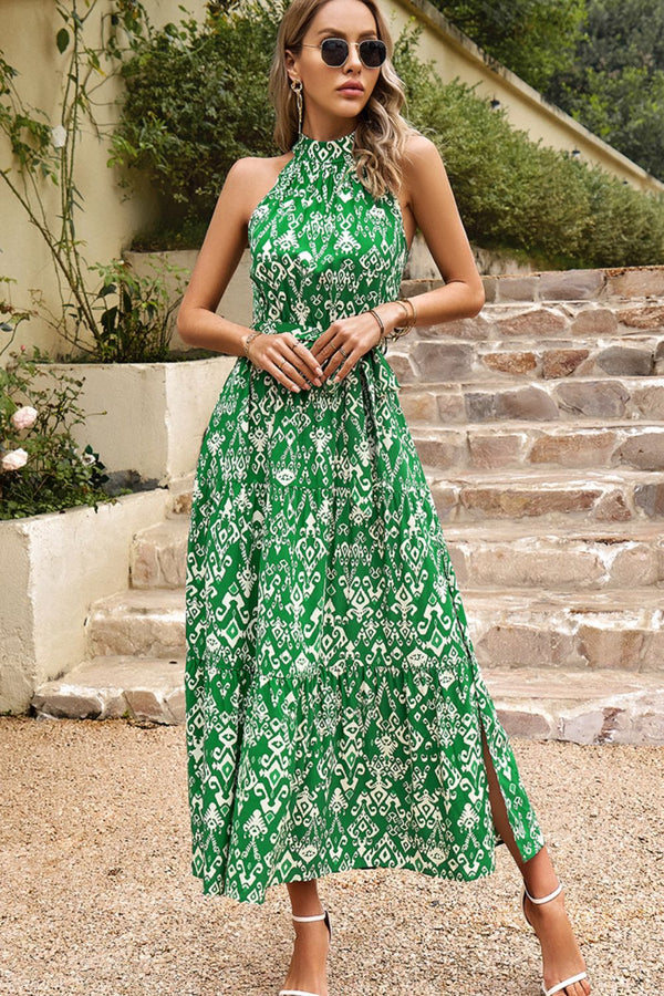 Vestido sin mangas con escote falso estampado