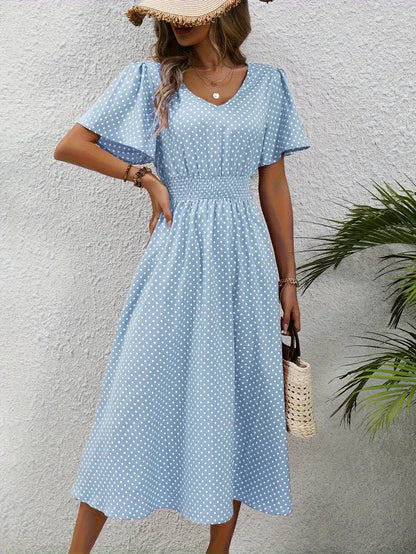 Vestido con estampado all-over y cintura redondeada, vestido casual con manga corta