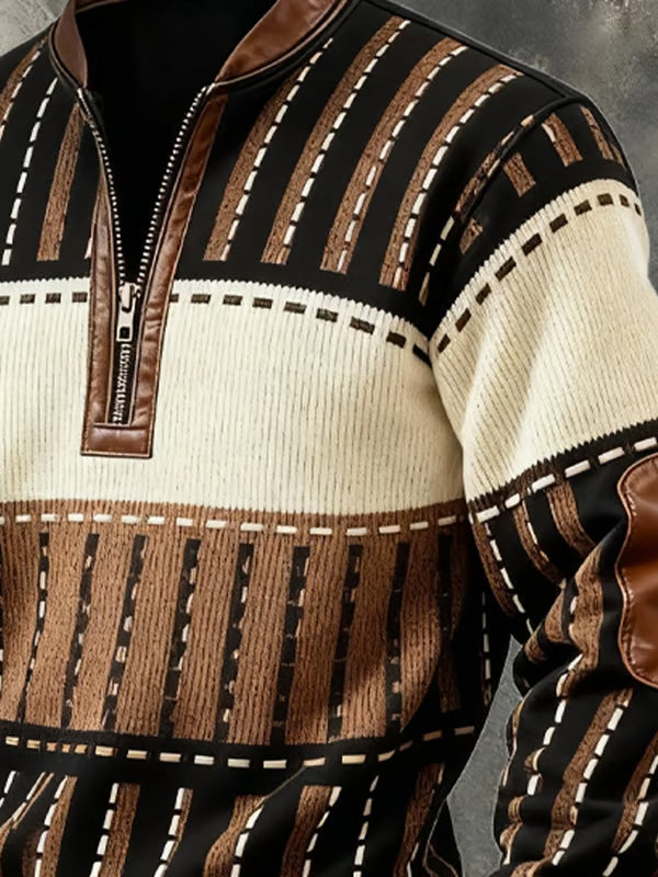 Męski Sweter Pullover Z Zamkiem Pod Szyją Patchworkowy Top