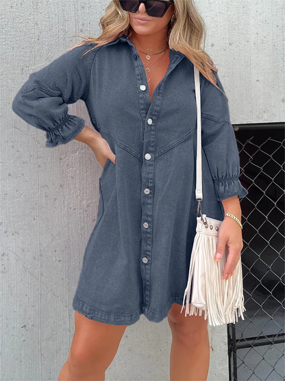 Vestido vaquero lavado con mangas abullonadas