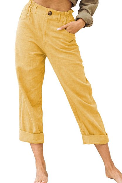 pantalones de algodón y lino de cintura alta de moda sueltos
